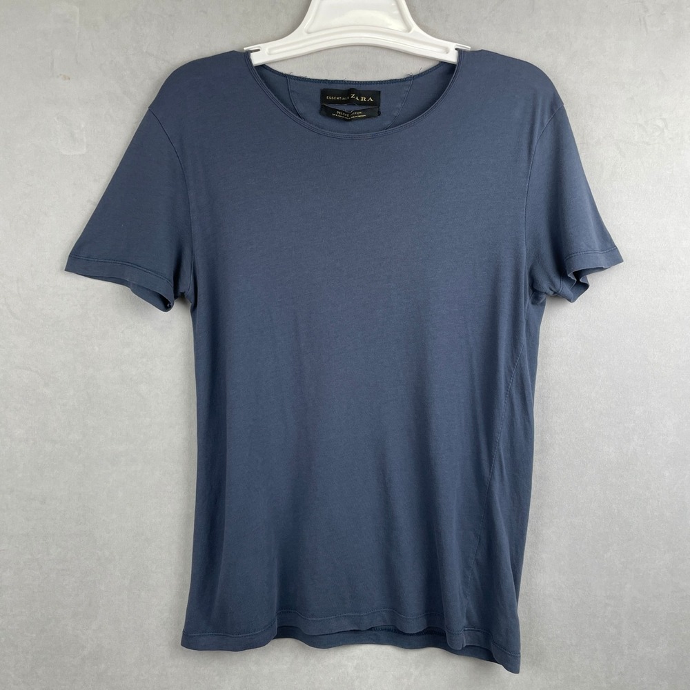 Zara Essentials Deluxe Cotton T-Shirt Wmn M Slate Blue Chic Raw Neck Portugal - Picture 1 of 8